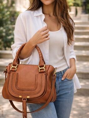 Chloe Marcie Top Handle Brown Leather Medium Purse Bag Gold Hardware & Strap